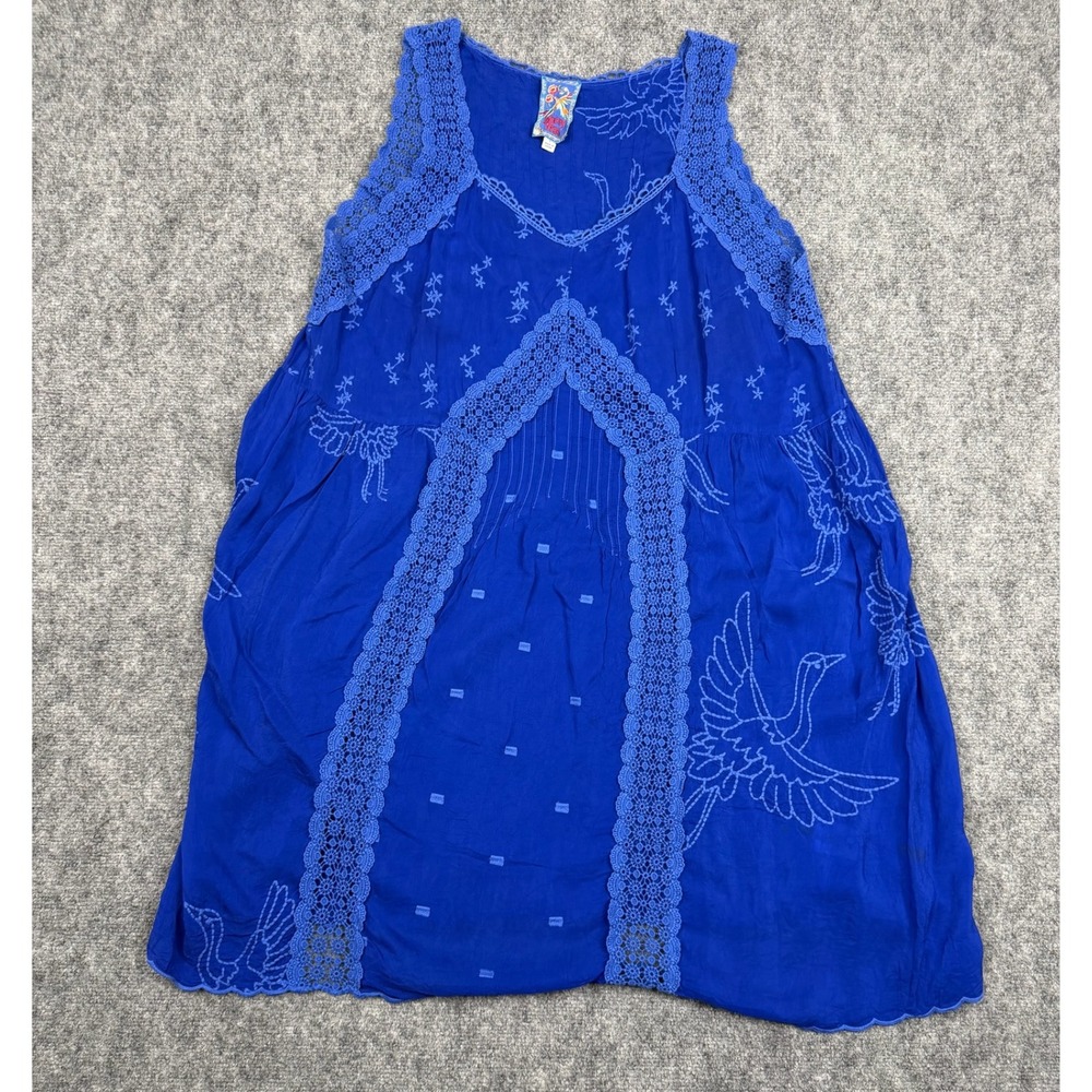 Johnny Was Blue Crane Embroidered Crochet Lace Pintuck Tunic Dress Womens Large